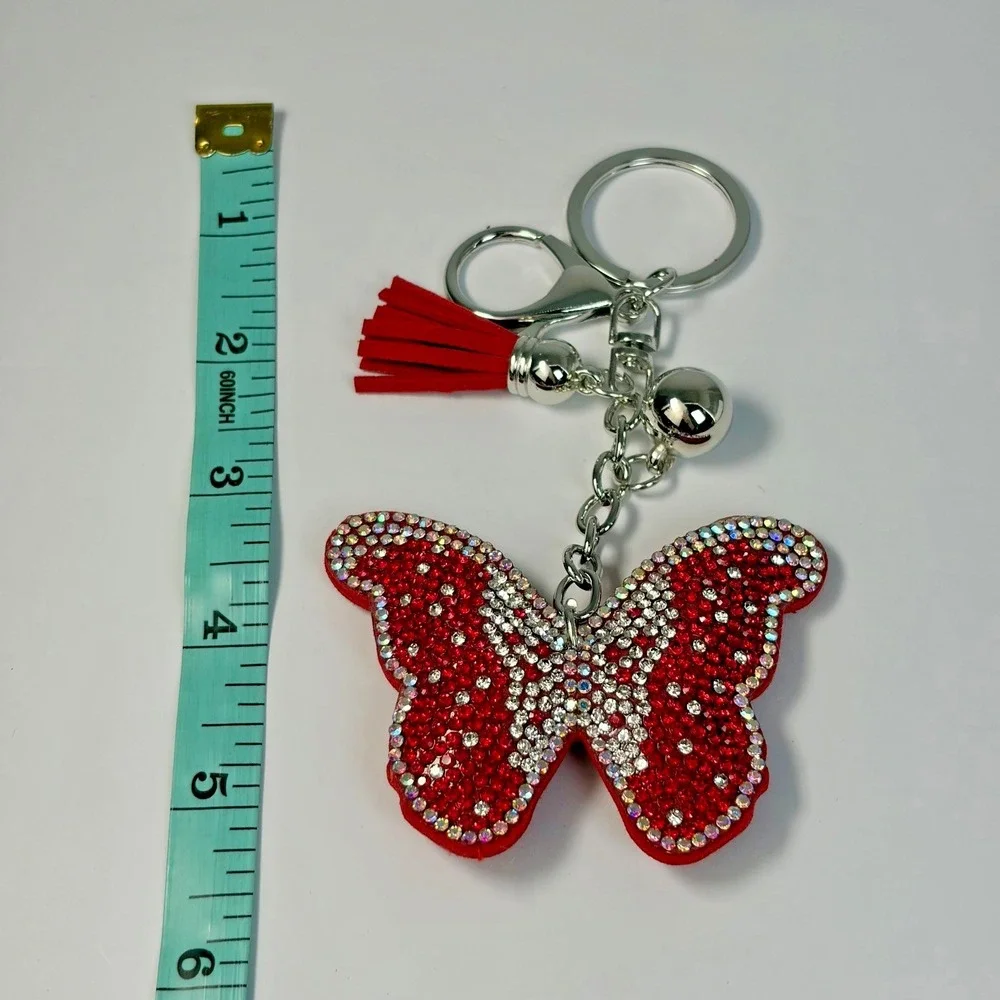 Boutique Red Crystal Butterfly Bag Charm Keychain Y2K Sparkly‎ Suede Tassel 6